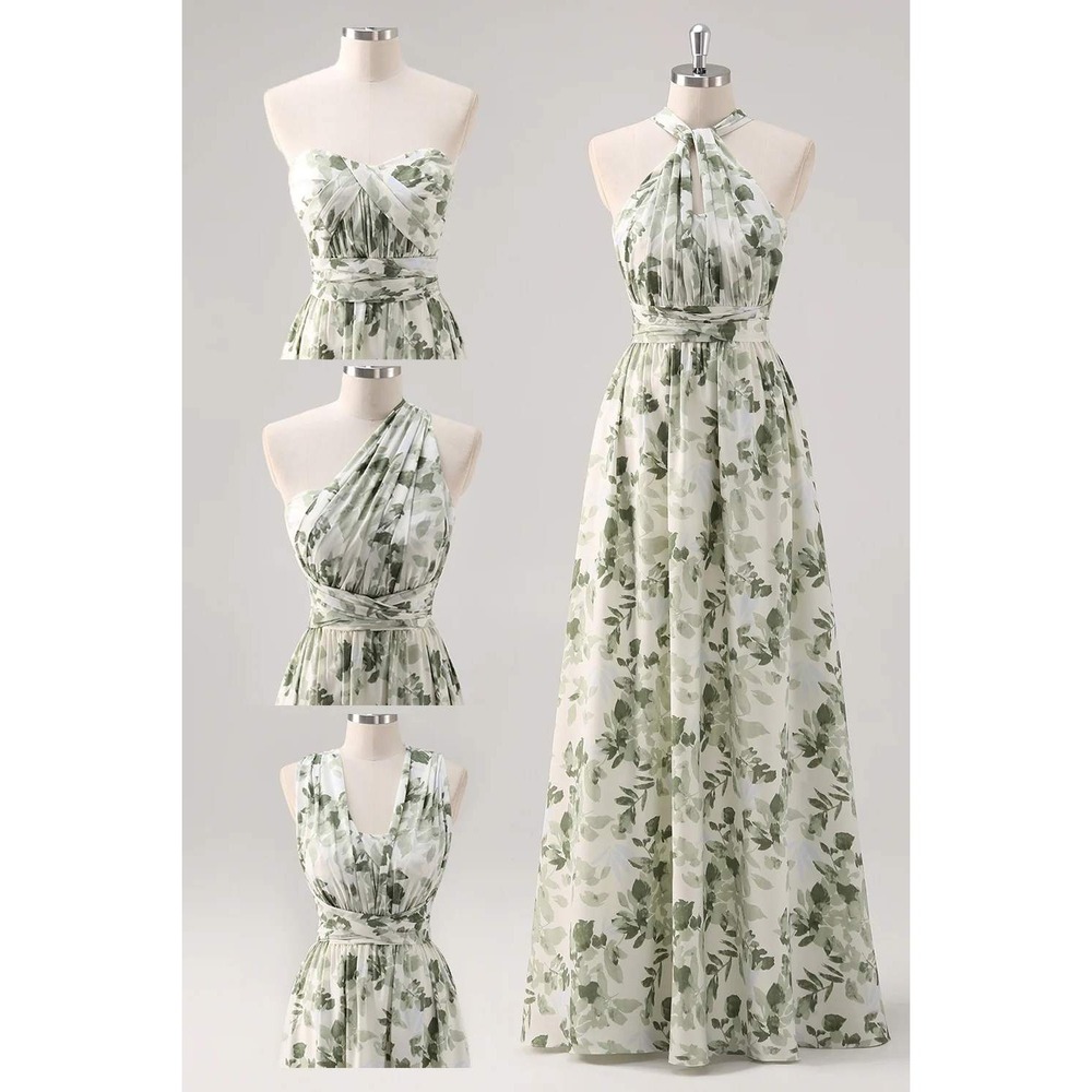 Wedtrend Floral Multi-way Convertible Maxi Dress Green Sage White Womens 6